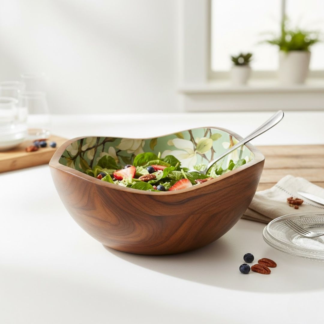 Enamel Floral Wooden Bowl for Sustainable Dining – M 1.0